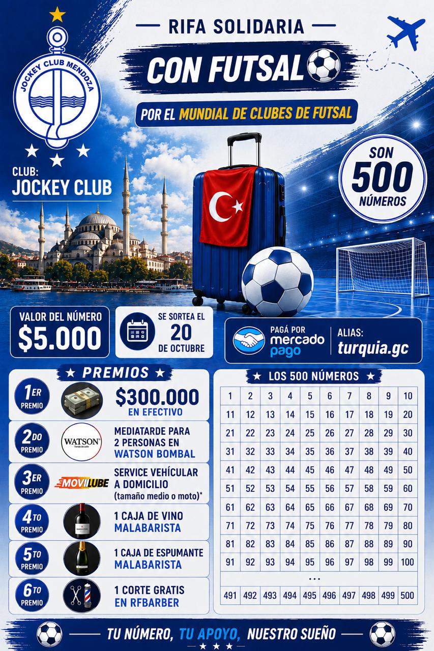 Rifa solidaria Con Futsal del Jockey Club Mendoza: 500 números a $5.000, se sortea el 20 de octubre. Alias: turquia.gc